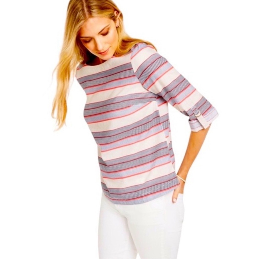 Charter Club Boat-Neck Striped 3/4 Sleeve Top size XL linen cotton coastal comfy